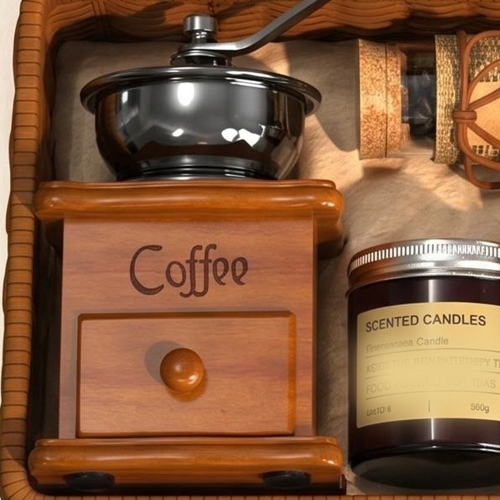 Wooden manual coffee grinder with scented candle in coffee gift basket