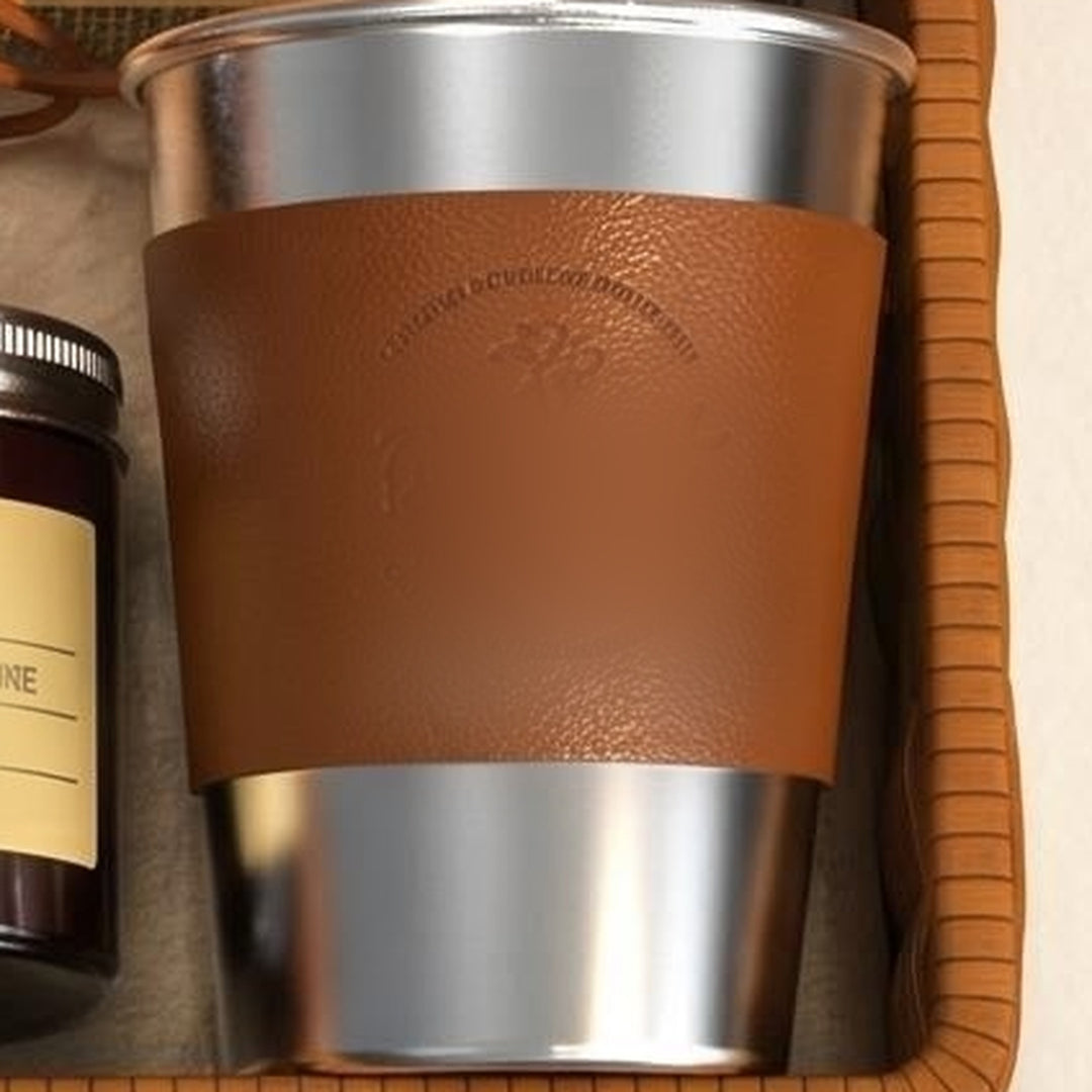 Stainless steel coffee tumbler with leather-look sleeve from the coffee gift set