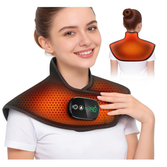 Woman wearing the VIGOR cordless neck and shoulder heating pad with honeycomb heat zones and digital controller