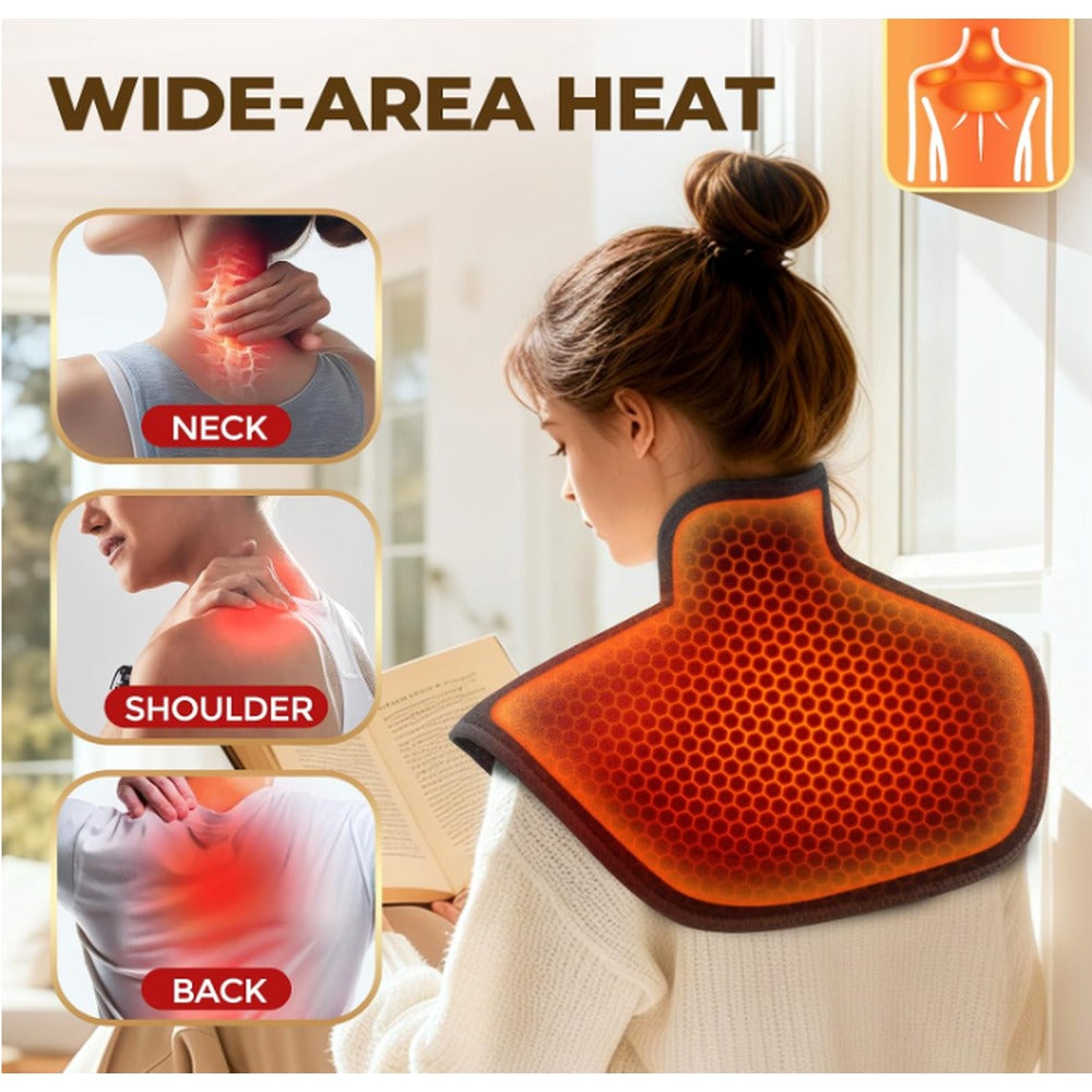 VIGOR rechargeable heated wrap giving wide-area heat to neck, shoulders and upper back