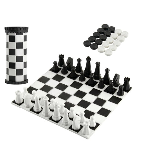 VIGOR roll-up 2-in-1 chess and checkers travel set with checkered storage tower, chess pieces and checkers