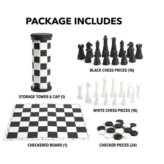 VIGOR chess and checkers set package includes storage tower, 32 chess pieces, 24 checkers and board
