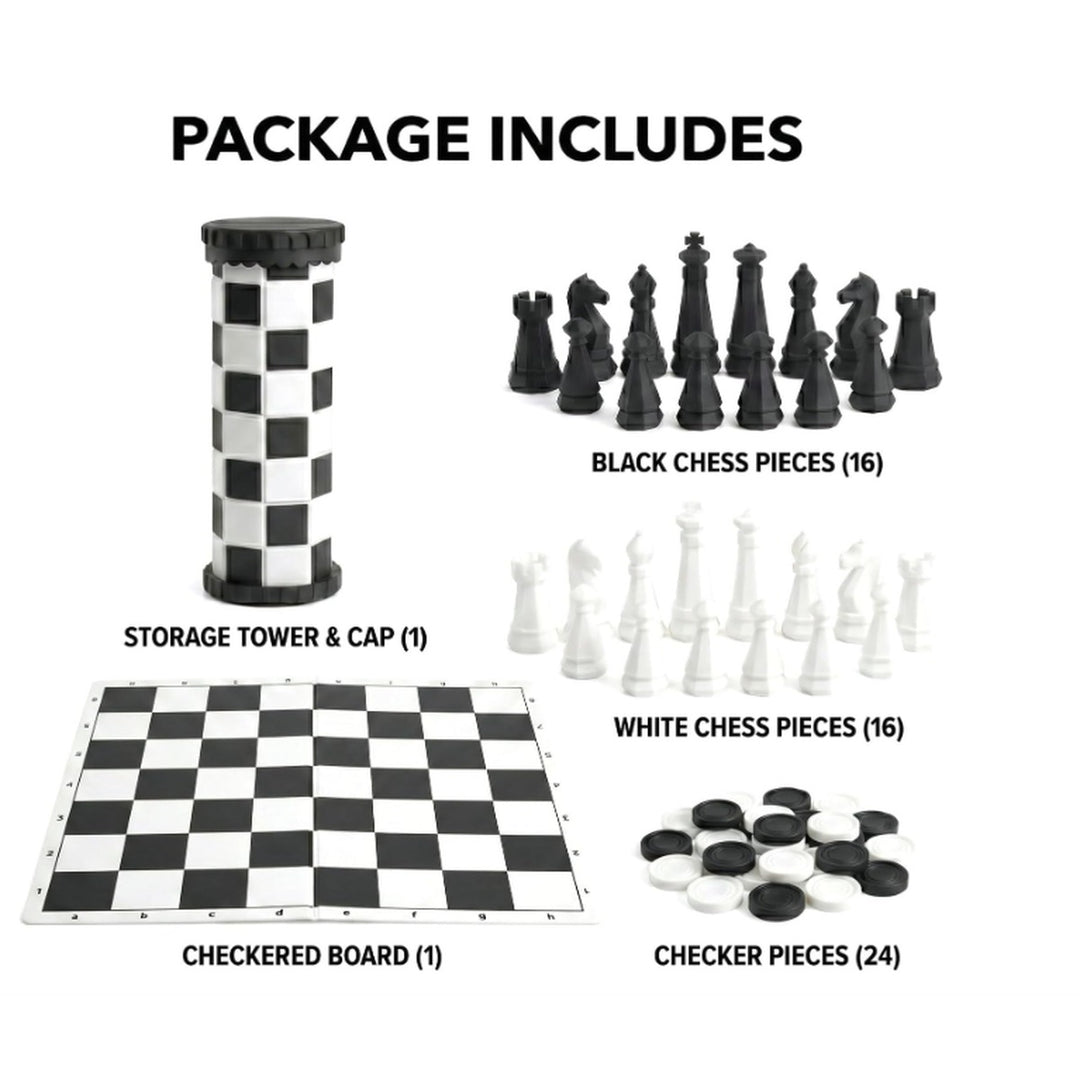 VIGOR chess and checkers set package includes storage tower, 32 chess pieces, 24 checkers and board