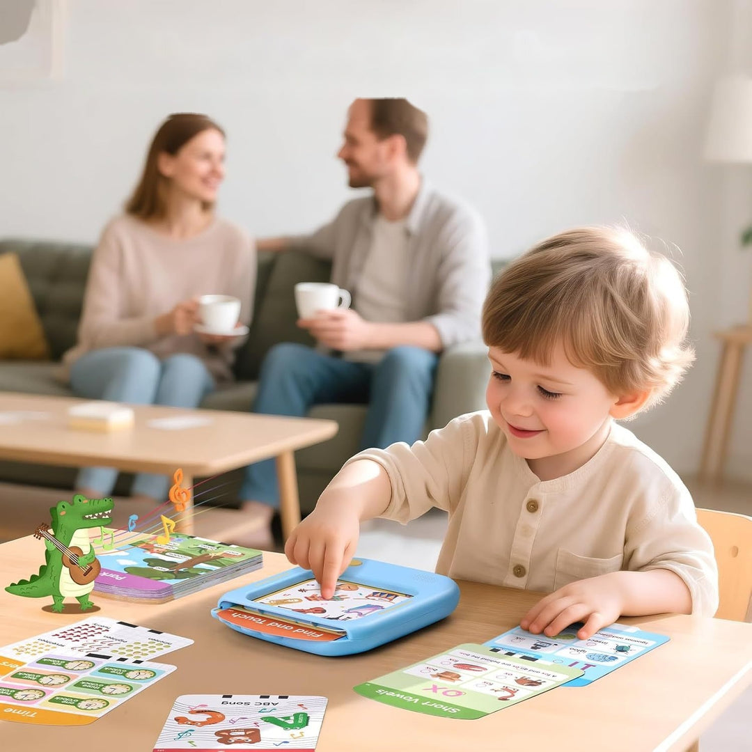 Family playing together with the VIGOR talking flash card learning tablet
