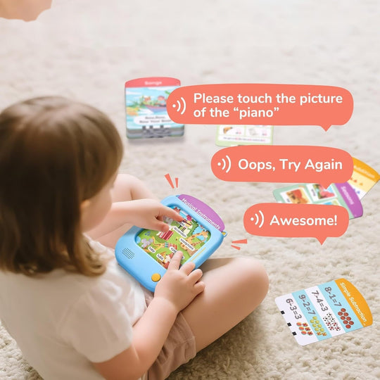 Child playing a listen and find game on the VIGOR screen-free learning tablet