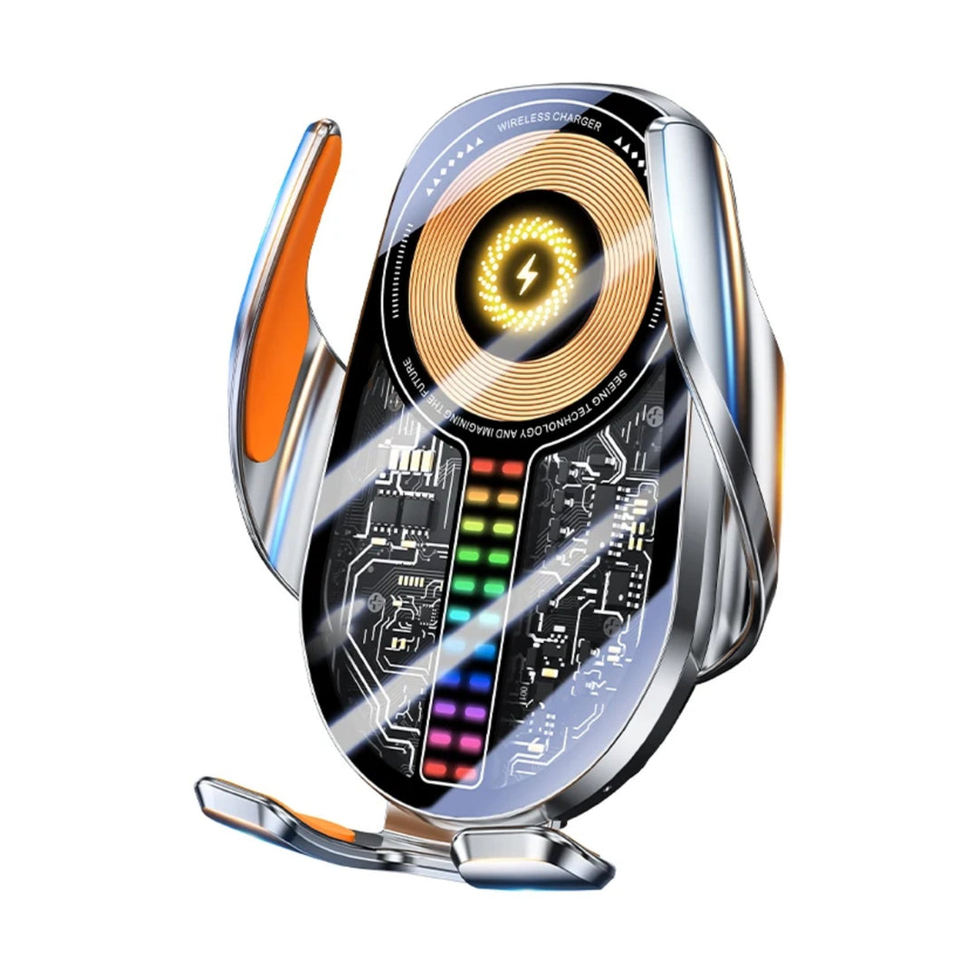 Auto-clamping 15W wireless car charger phone mount with transparent design and colorful lights
