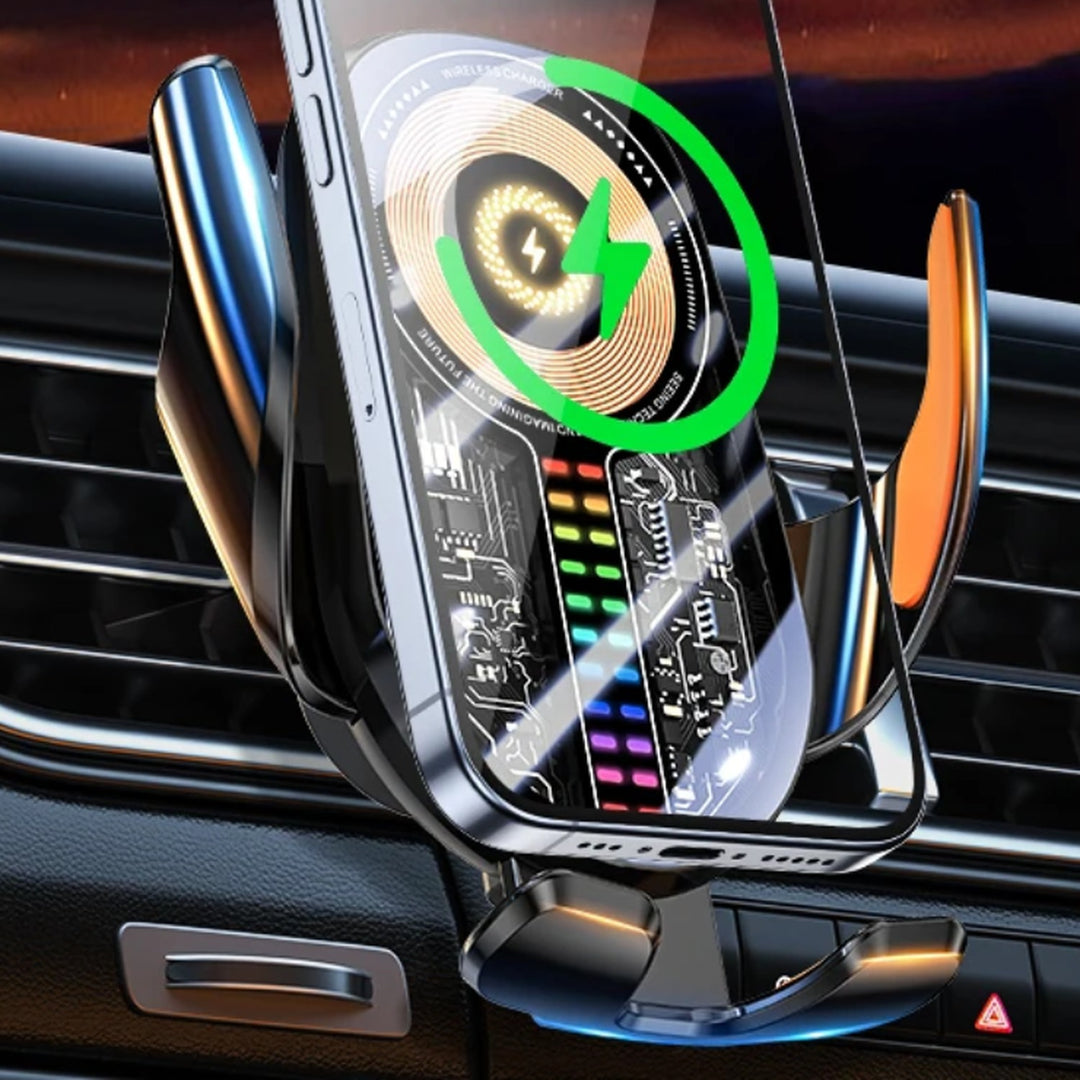 Wireless car charger mount holding a phone on a car vent with 15W fast charging