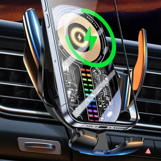 Wireless car charger mount holding a phone on a car vent with 15W fast charging