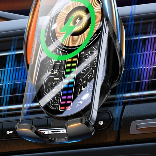 Voice-activated colorful lights on the transparent wireless car charger