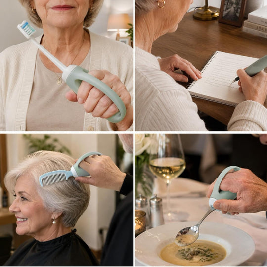 Utensil grip handle used with a toothbrush, pen, comb and spoon in daily routines