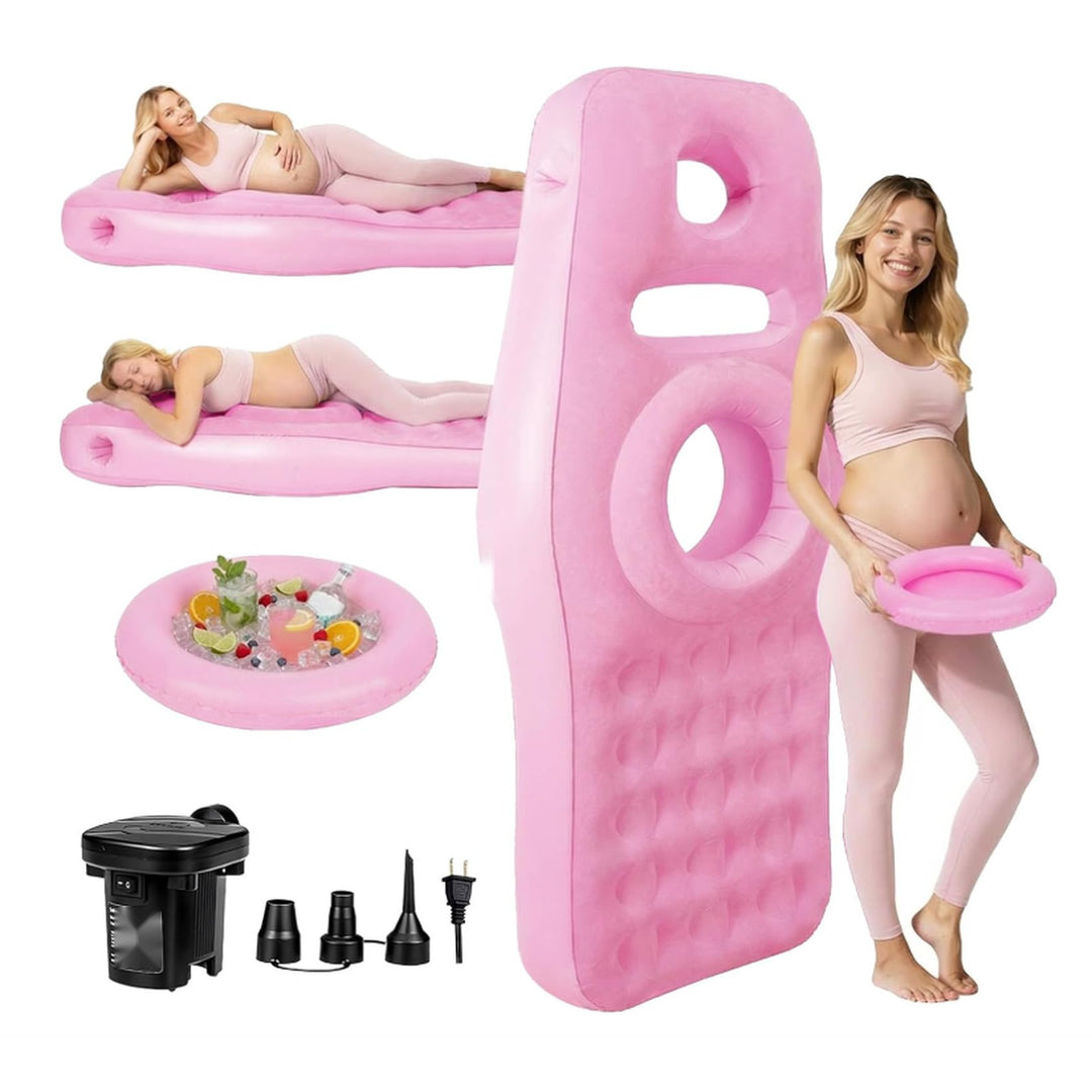 Pink inflatable pregnancy pool float with belly hole, floating snack tray and electric pump