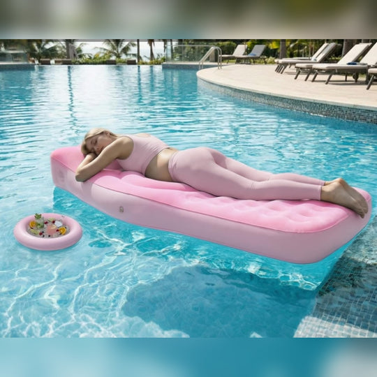 Pregnant woman relaxing face-down on pink inflatable maternity pool lounger