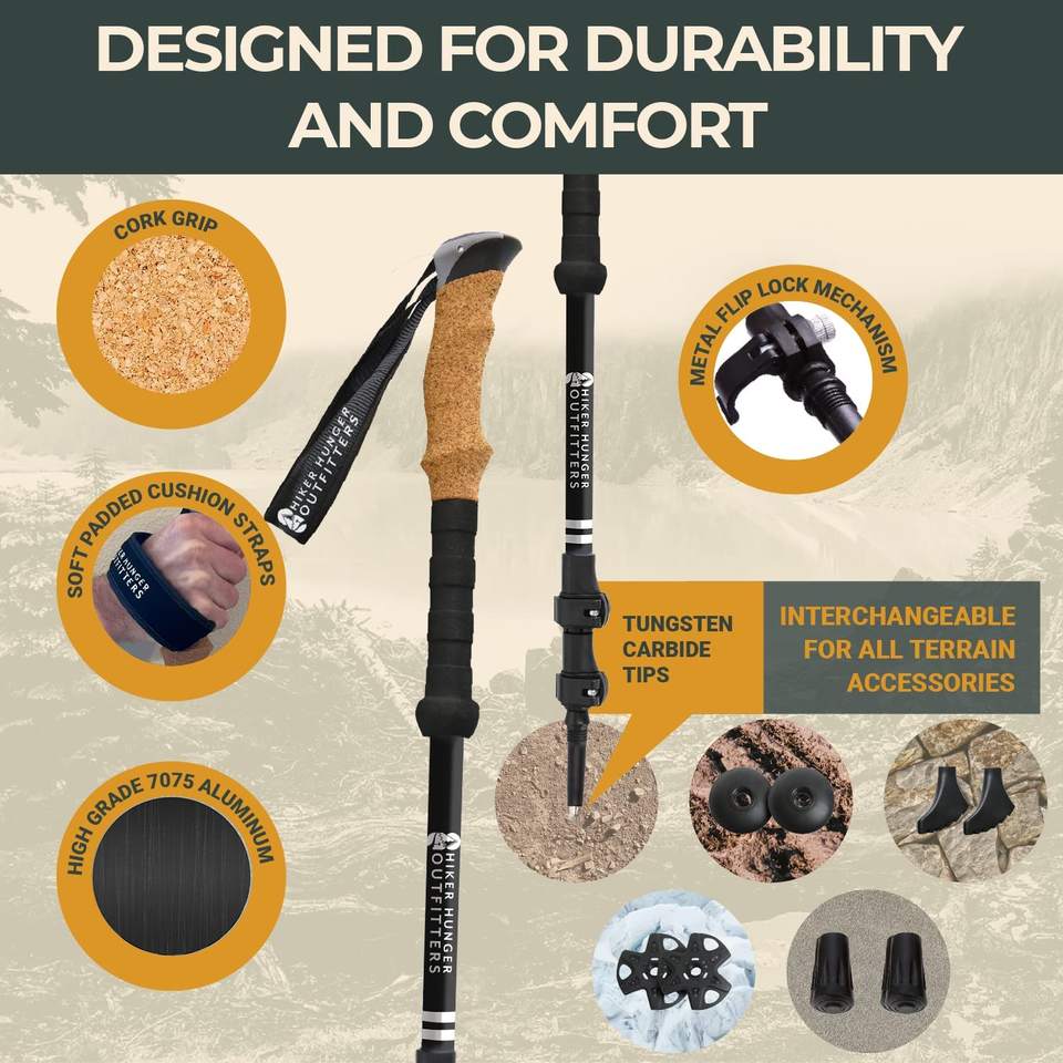 Natural Cock Collapsible and Telescopic Walking Sticks  Carbon Fiber Trekking Poles and Extended EVA Grips, Ultralight Nordic Hiking Poles for Backpacking Camping(Bulk 3 Sets)