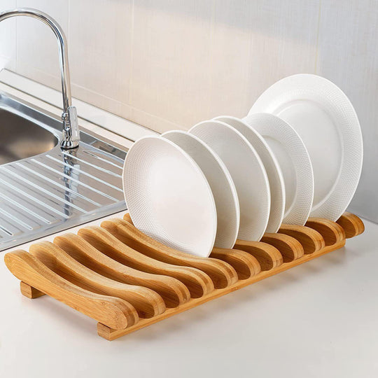 Bamboo Dish Drying Rack, 10 Slots Bamboo Cabinet Plate Stand Dish Drainer Wooden Plate Rack Pot Lid Holder Kitchen Dish Plate Storage Organizer for Countertop Cabinet