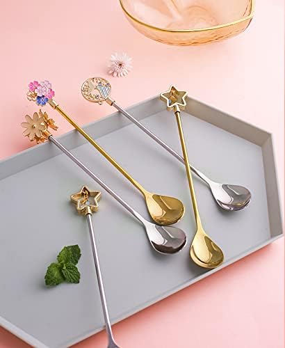 Coffee Spoons Silverware Flatware Cherry Blossom Handle Coffee Spoon Stainless Steel Cutlery Metal Serving Spoon(Bulk 3 Sets)