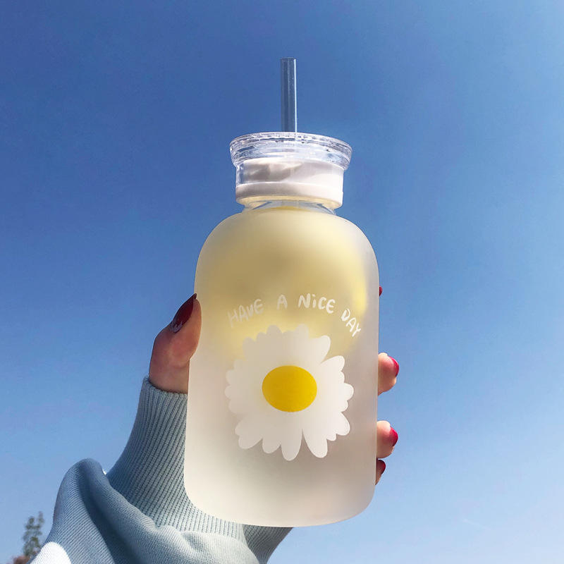 Double cover straw glass, Milk Juice Cute Water Bottle with Scale  Lids Little daisy Matte Portable Transparent Water Cup Glass Bottles Creative Handy Cup