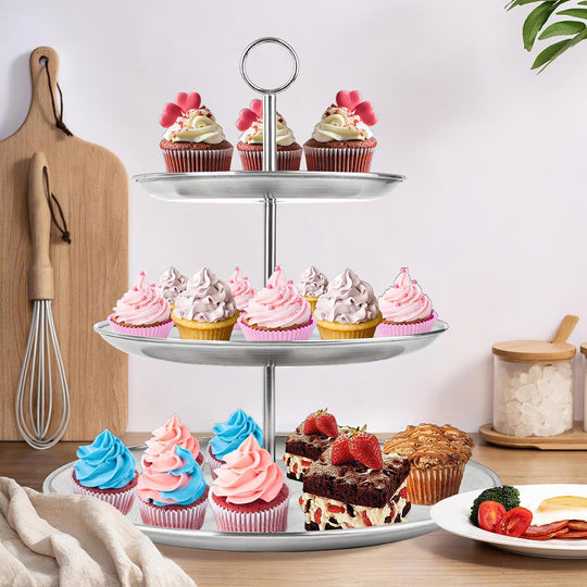 Cupcake Stand 3 Tier – Stainless Steel Cake & Dessert Display Tower for Wedding, Birthday, Party Decorations (MOQ 10 Sets)
