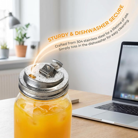 Stainless Steel Mason Jar Lid Wide Mouth - Reusable Coffee Lid with Sip Spout for Iced Coffee, Protein Shakes & Smoothies - Leak Resistant Metal Lid for Mason Jar Coffee Bar Accessories