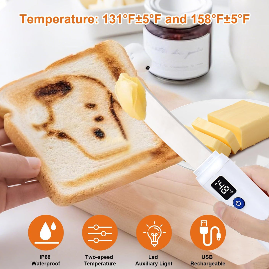 Heated Butter Knife, Electric Butter Spreader with LED Digital Display & Adjustable Temperature, USB-C Rechargeable Stainless Steel Knife for Hard Butter, Peanut Butter, Cheese, Jam & Cream