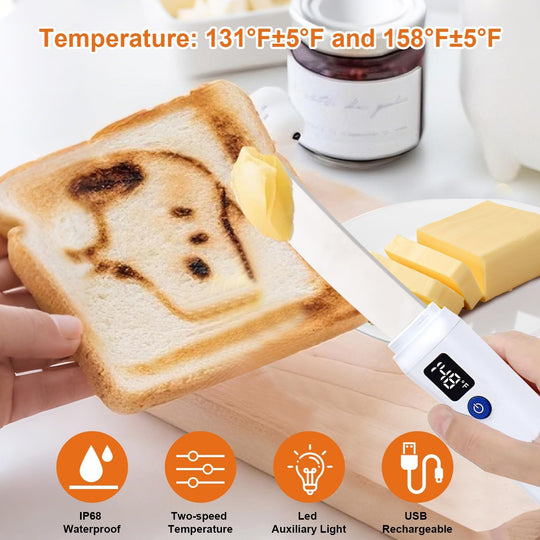 Heated Butter Knife, Electric Butter Spreader with LED Digital Display & Adjustable Temperature, USB-C Rechargeable Stainless Steel Knife for Hard Butter, Peanut Butter, Cheese, Jam & Cream
