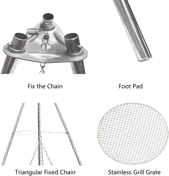 Stainless Steel Campfire Tripod Stand – Portable Outdoor Cooking Pot Support for Camping, BBQ & Picnic Grilling