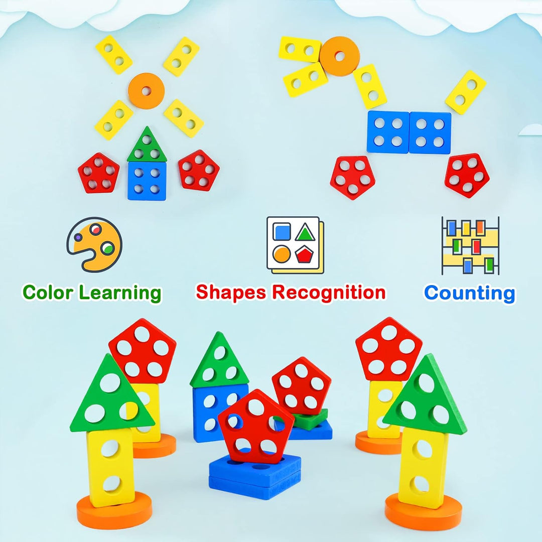Toddlers Color Recognition Stacker Shape Sorter Wooden Toy Learning Puzzles 1 to 3-year-old