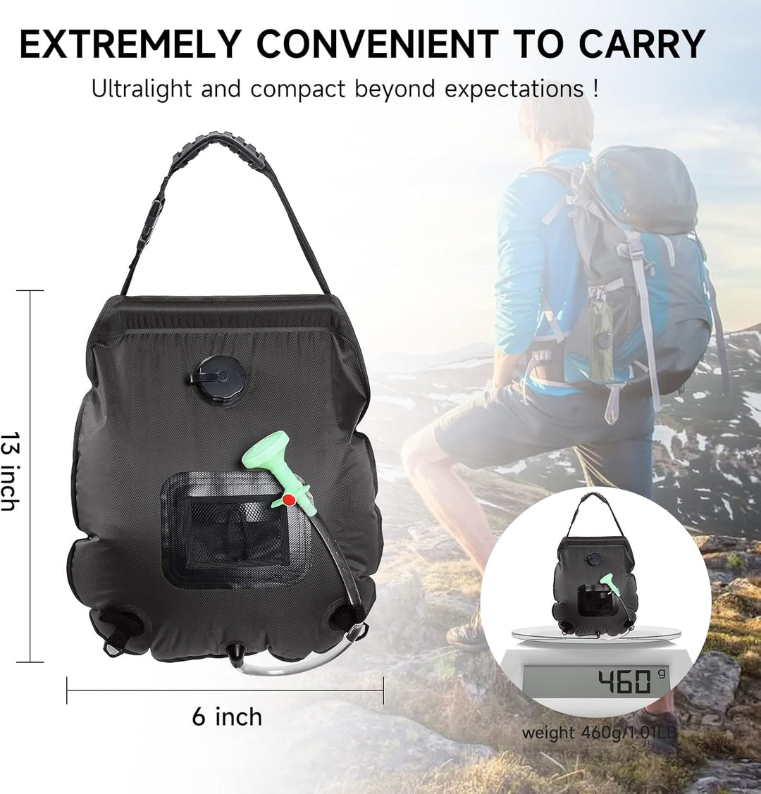 Solar Portable Shower Bag, 5 Gal/20L Solar Heating Camping Shower Bag with Removable Hose&On-Off Switchable Shower Head