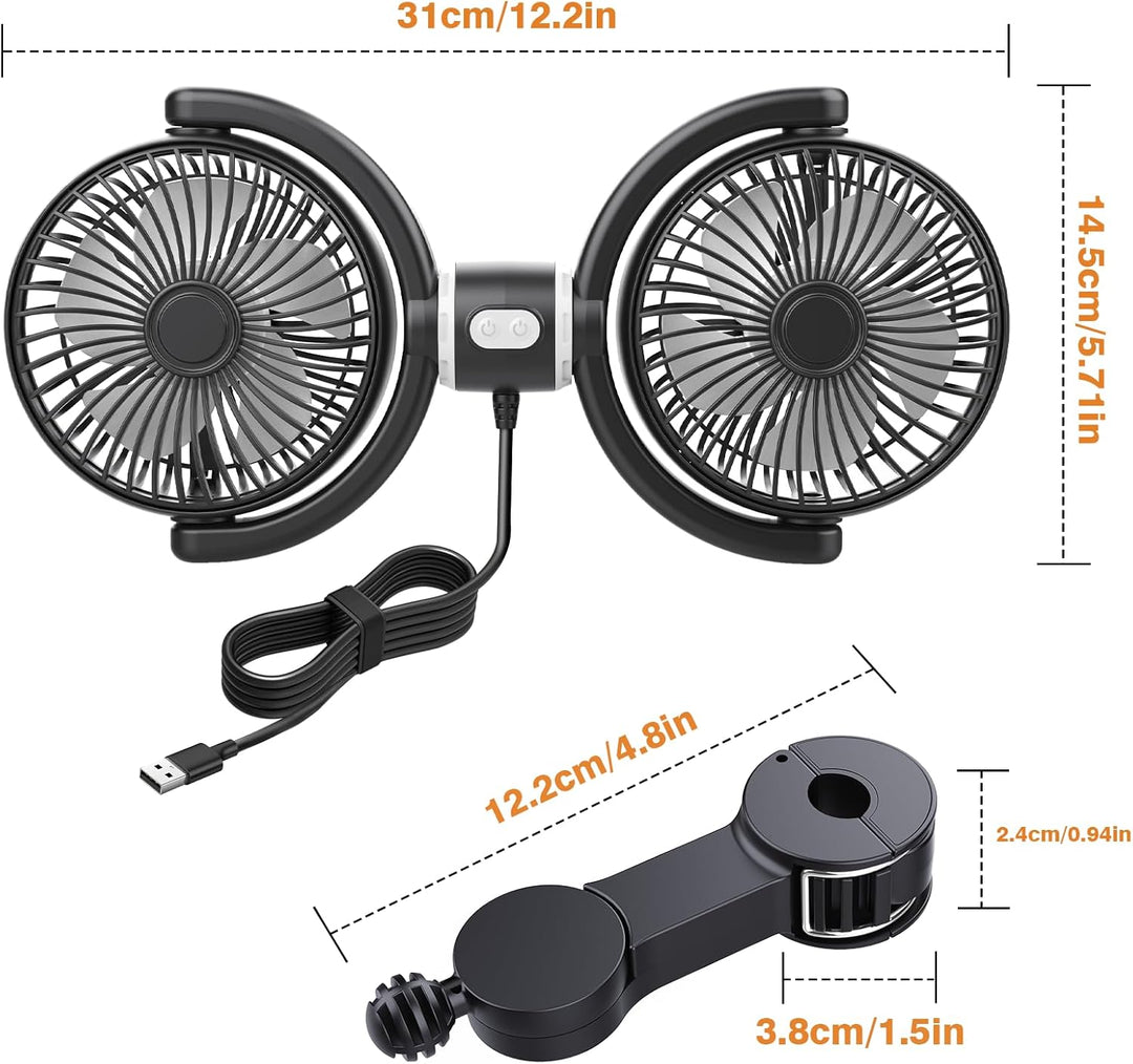 Dual Car Cooling Fans for Backseat 3 Speed Separate Controlled Quiet Brushless Motor 360° Rotatable (MOQ 10 Sets)