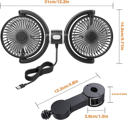 Dual Car Cooling Fans for Backseat 3 Speed Separate Controlled Quiet Brushless Motor 360° Rotatable (MOQ 10 Sets)