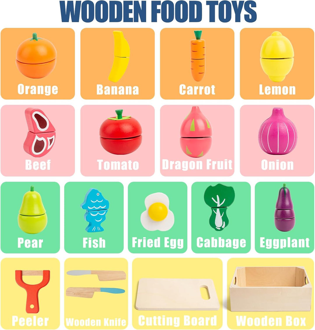Wooden Cutting Fruits Veggies Toy, Montessori Toddler Pretend Play Set (MOQ 10 Sets)