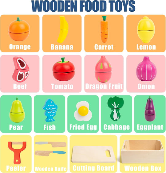 Wooden Cutting Fruits Veggies Toy, Montessori Toddler Pretend Play Set (MOQ 10 Sets)