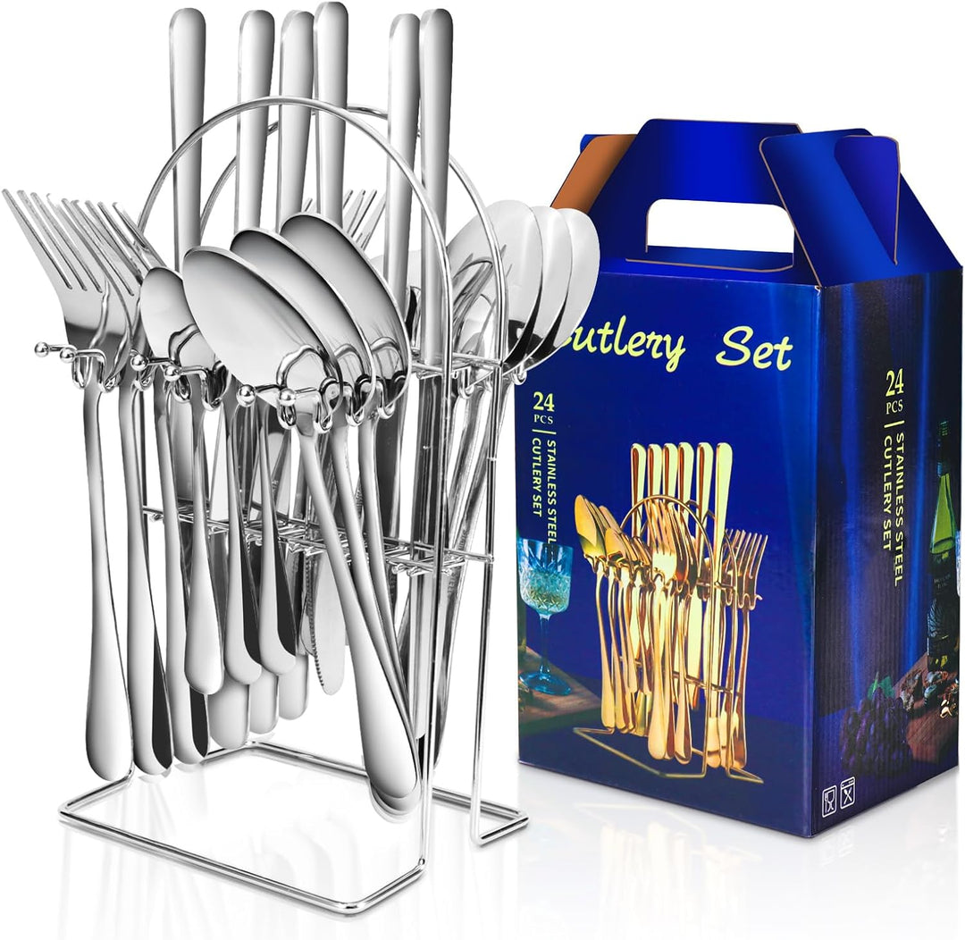 Kitchen Utensils Knife Fork Spoon Cutlery 24 Pcs Set With Storage Rack