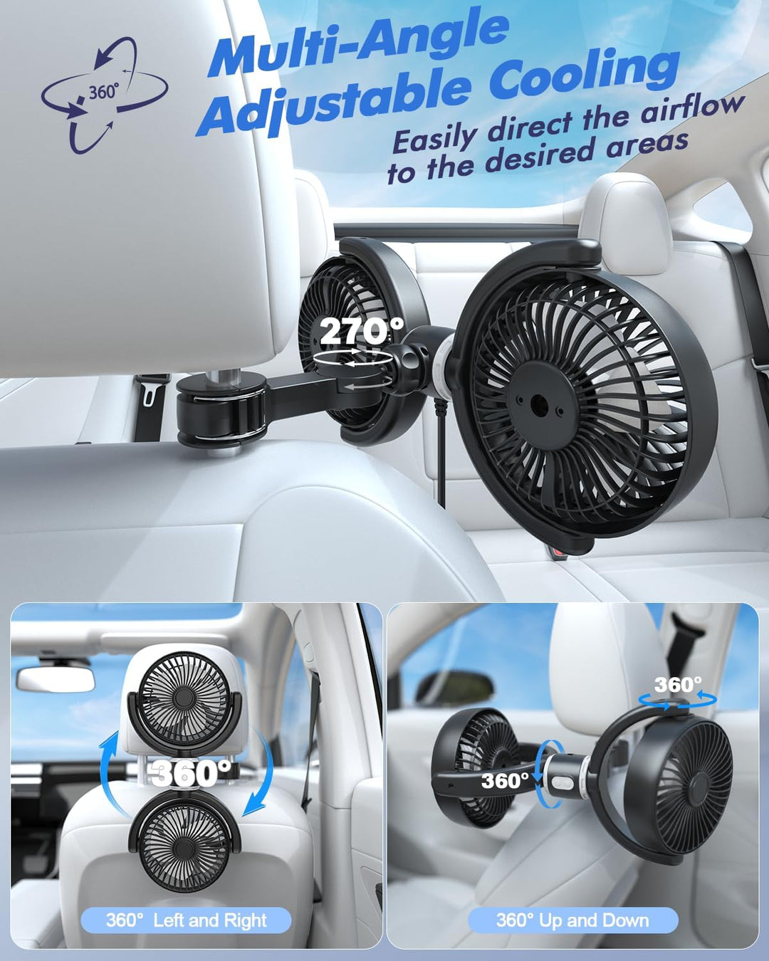 Dual Car Cooling Fans for Backseat 3 Speed Separate Controlled Quiet Brushless Motor 360° Rotatable (MOQ 10 Sets)