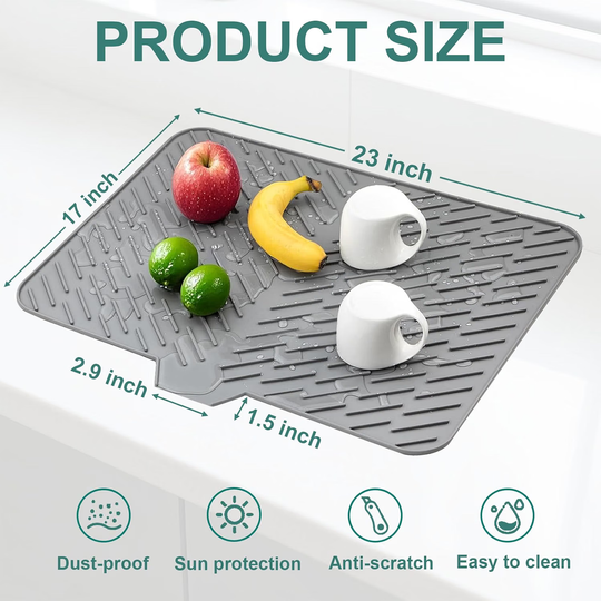 Silicone Dish Drying Mat with Built-In Drain Spout – Heat-Resistant Non-Slip Roll-Up Sink Drain Pad for Kitchen Counter (MOQ 10 Sets)