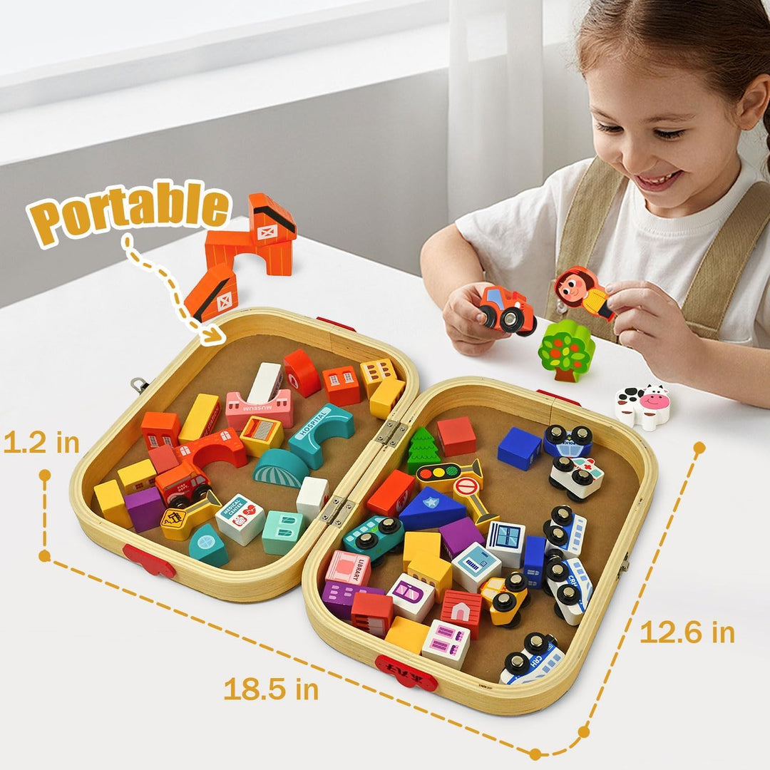 Toys Building Blocks Set for Boys and Girls Gift, 56 Pcs Wooden City (MOQ 10 Sets)