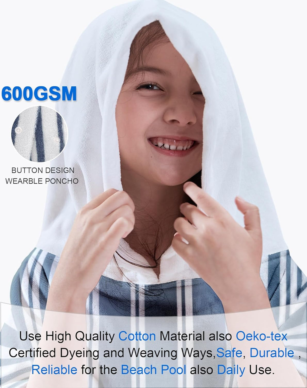 Pure Cotton Super Soft and Quick Dry Striped Poncho Robe Kids Beach Towels