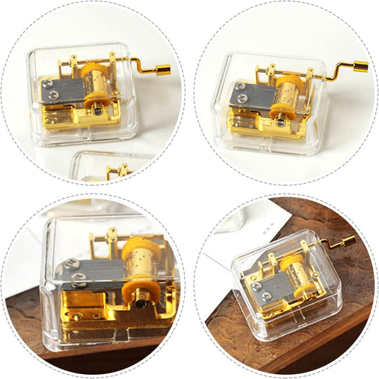 clear Acrylic Plastic Rectangle Shape Music Box with 18 Note Hand Crank Musical Movement