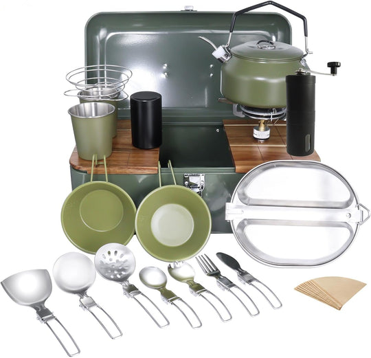 Camping Cookware Set with Gas Stove Outdoor Cooking Set Portable Coffee Maker Set (MOQ 10 Sets)