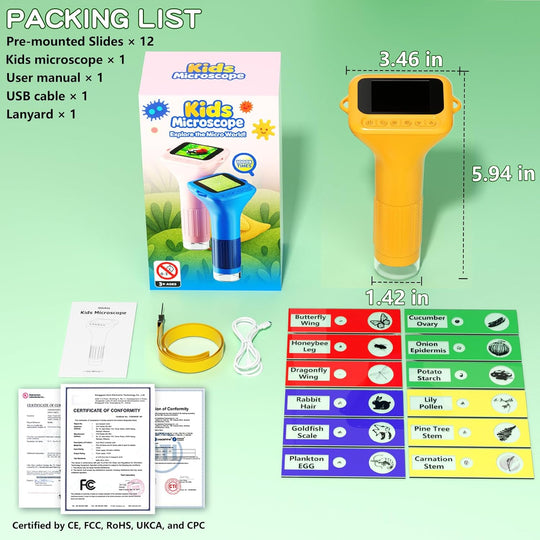 Microscope for Kids with 12 Slides, 100X-1000X 1080P Digital Handheld Kids Microscope (MOQ 10 sets)