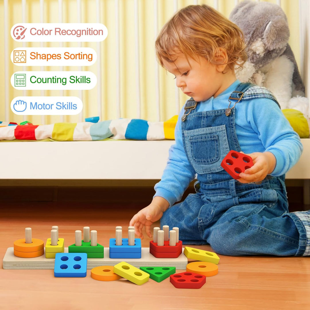 Toddlers Color Recognition Stacker Shape Sorter Wooden Toy Learning Puzzles 1 to 3-year-old