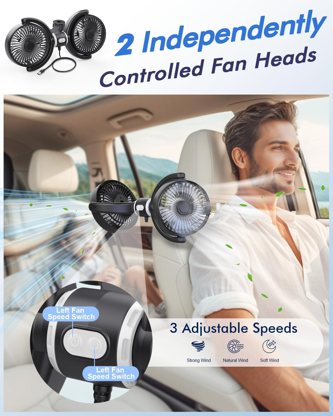 Dual Car Cooling Fans for Backseat 3 Speed Separate Controlled Quiet Brushless Motor 360° Rotatable (MOQ 10 Sets)