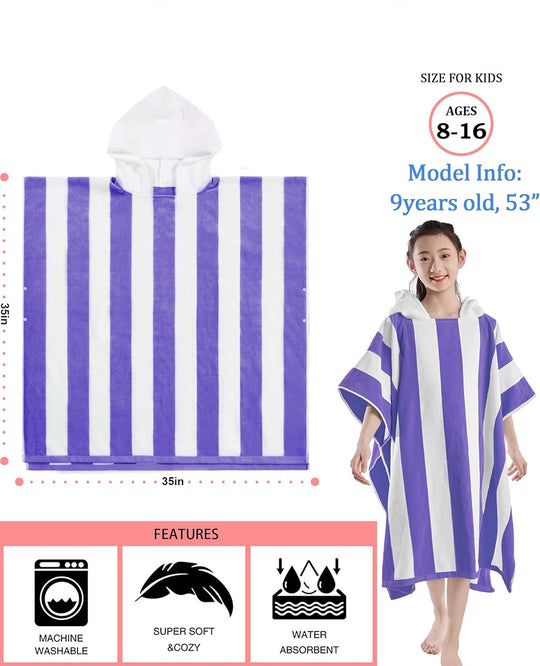 Pure Cotton Super Soft and Quick Dry Striped Poncho Robe Kids Beach Towels