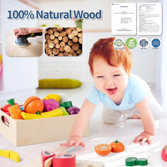 Wooden Cutting Fruits Veggies Toy, Montessori Toddler Pretend Play Set (MOQ 10 Sets)