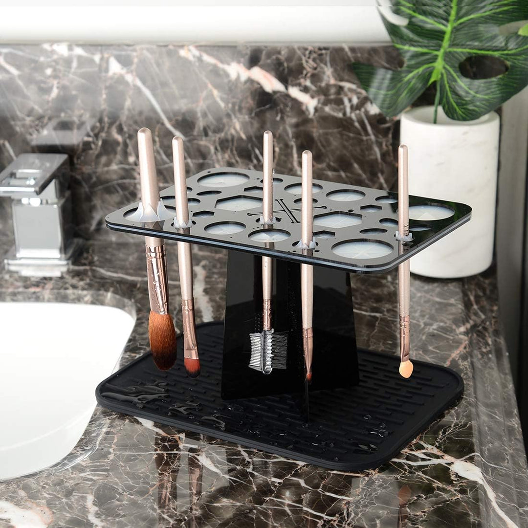 Makeup Brush Drying Rack with Mat – Detachable Acrylic Air Tree Tower Holder & Organizer Stand, Cosmetic Brush Storage Tray for Vanity