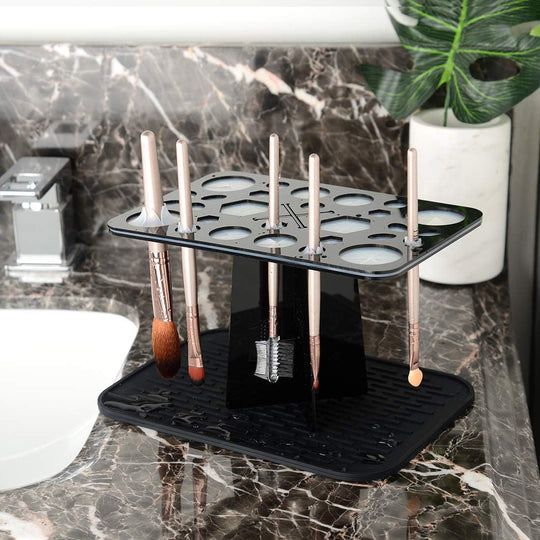 Makeup Brush Drying Rack with Mat – Detachable Acrylic Air Tree Tower Holder & Organizer Stand, Cosmetic Brush Storage Tray for Vanity