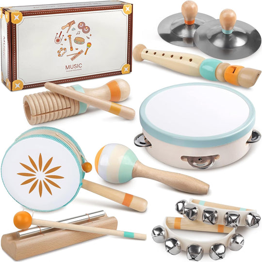 Wooden Percussion Instruments Set, Kids Preschool Educational Music Learning Toys