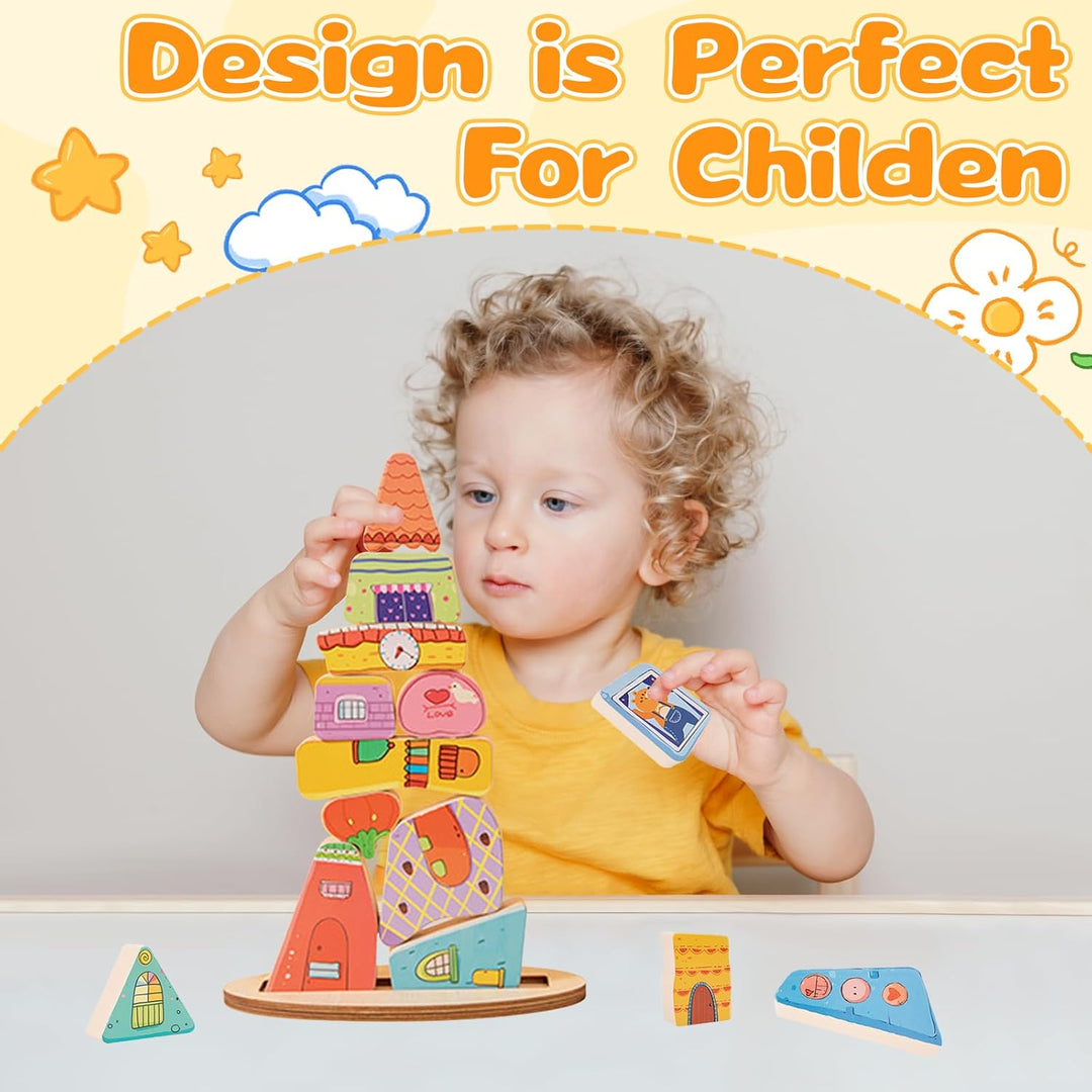 Montessori Wooden Stacking Toy,Colorful Houses Building Blocks Game 14 Pcs Montessori Balance Sorting & Stacking