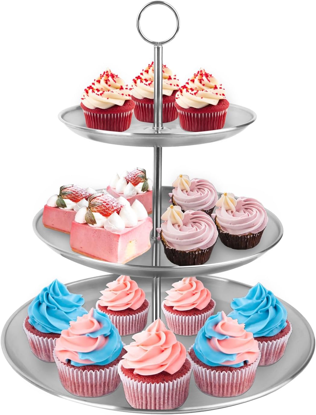 Cupcake Stand 3 Tier – Stainless Steel Cake & Dessert Display Tower for Wedding, Birthday, Party Decorations (MOQ 10 Sets)