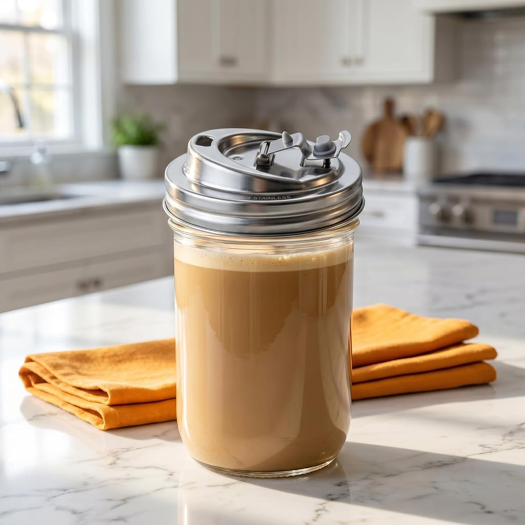 Stainless Steel Mason Jar Lid Wide Mouth - Reusable Coffee Lid with Sip Spout for Iced Coffee, Protein Shakes & Smoothies - Leak Resistant Metal Lid for Mason Jar Coffee Bar Accessories