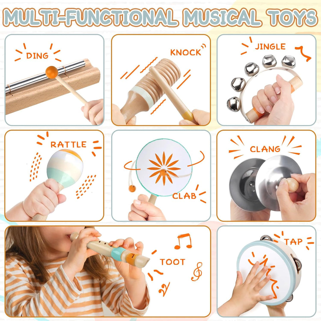 Wooden Percussion Instruments Set, Kids Preschool Educational Music Learning Toys